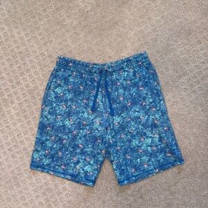 Retrofit Blue Athletic Shorts with Pink Flamingo Print